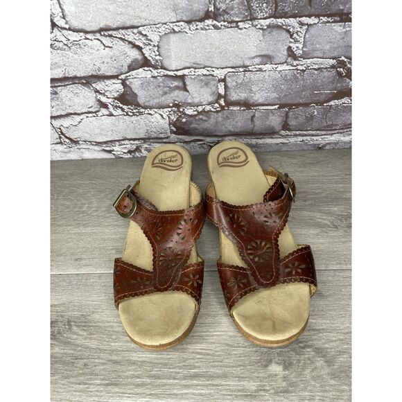 Dansko Sapphire Brown Leather Lacy Cutout Slides Sandals Women’s Sz 39EU/8.5M US - Picture 10 of 16